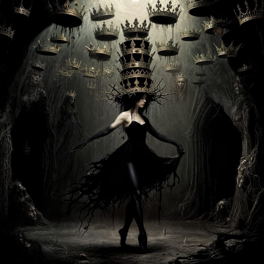 Weird and Surreal photograph featuring double exposure and chiaroscuro lighting. . A lone dancer in a dimly lit, cavernous space, . She wear...