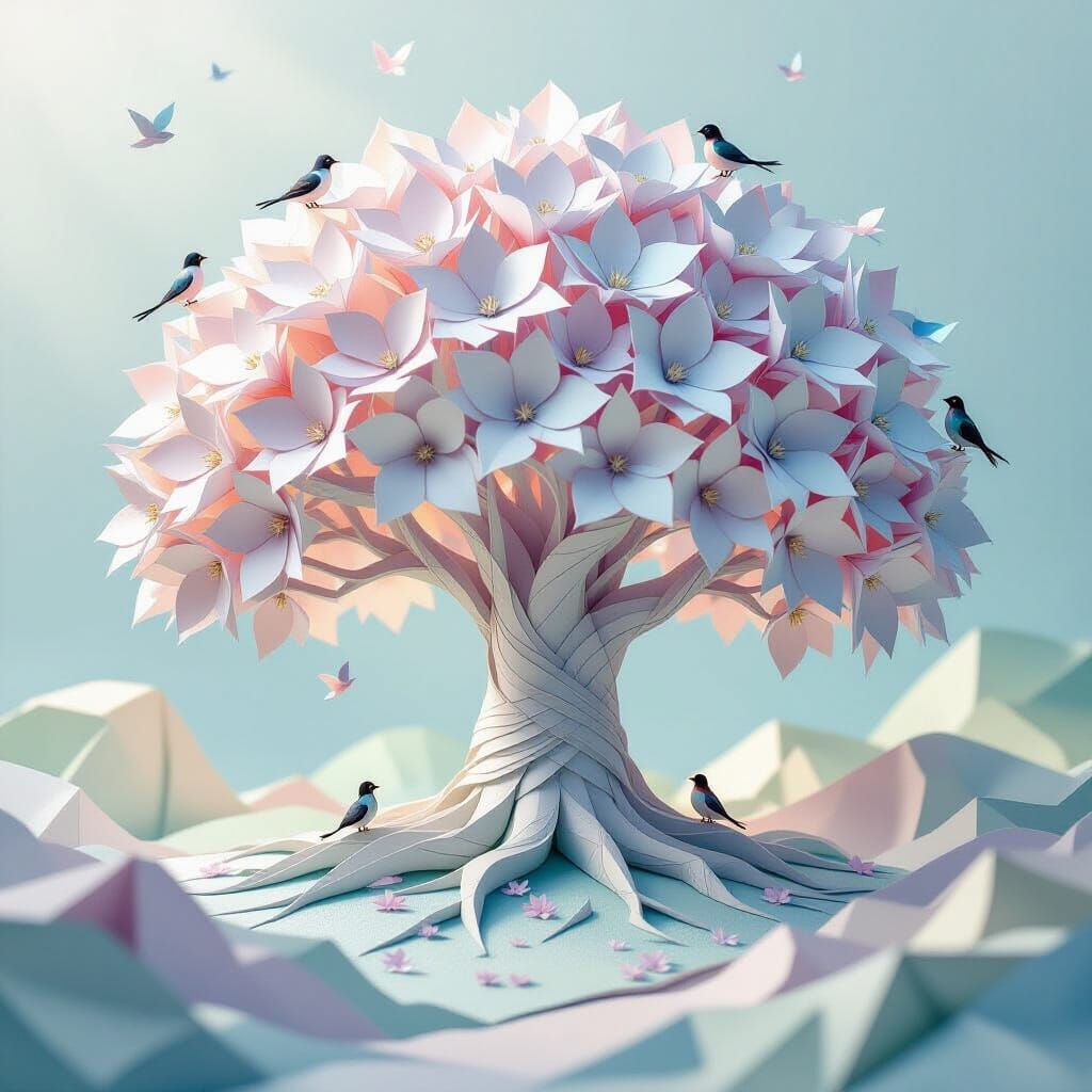 A whimsical scene of a giant, fantastical tree made of intricately folded paper, its leaves shimmering ...  by @Momagirl14