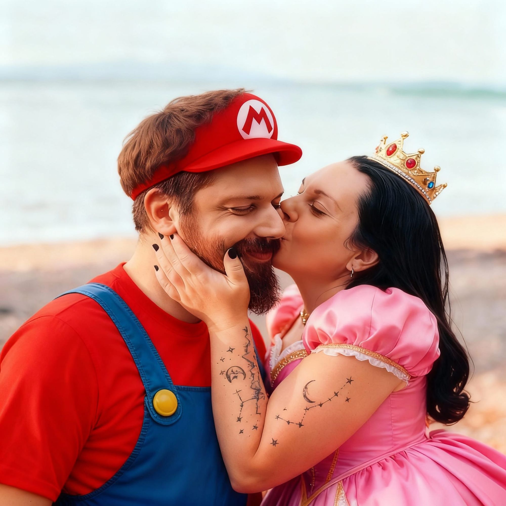 Imagine us as Mario and Princess Peach but keep our likeness but use the proper super Mario colours - make sure the male shirt is red like m...