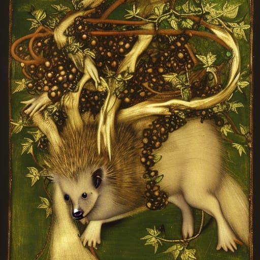 Hedgehog, like a goat, entangled in a vine 
By Hans Holbein,...