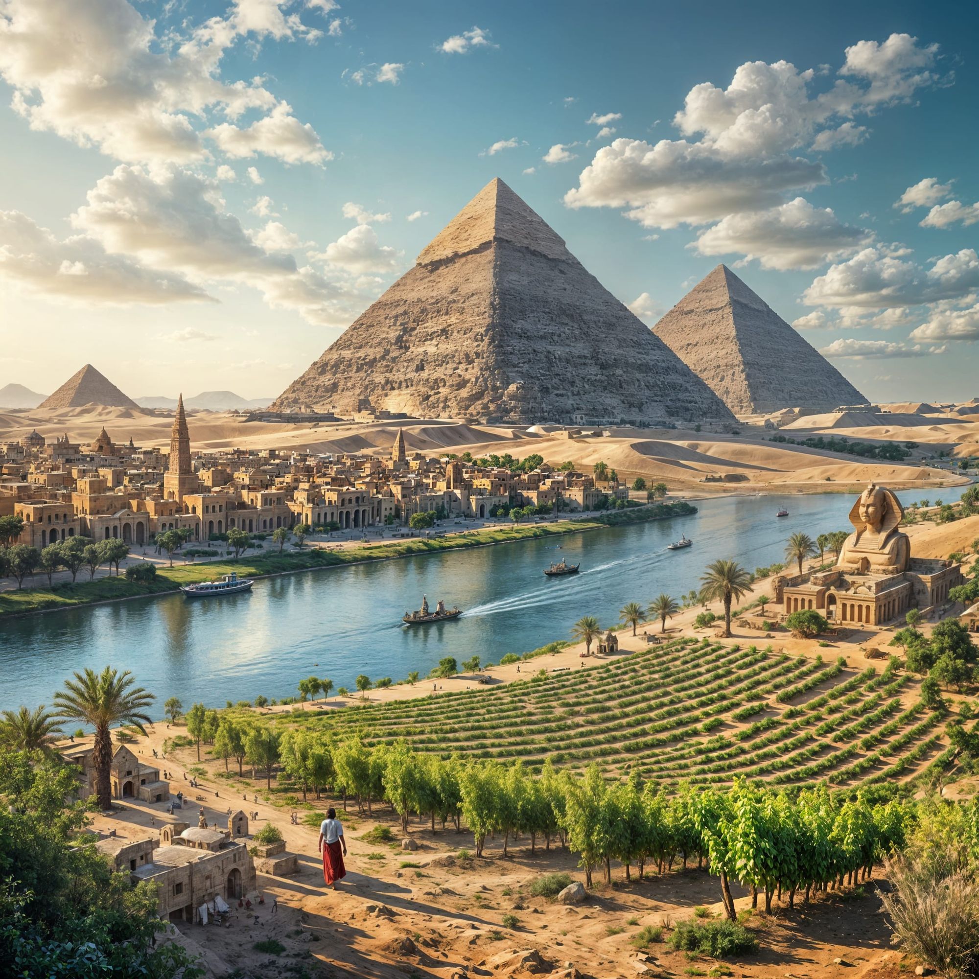 An entire city with fertile fields and vineyards along the Nile within easy reach of the Egyptian pyramids and the Sphinx. Surreal creative ...
