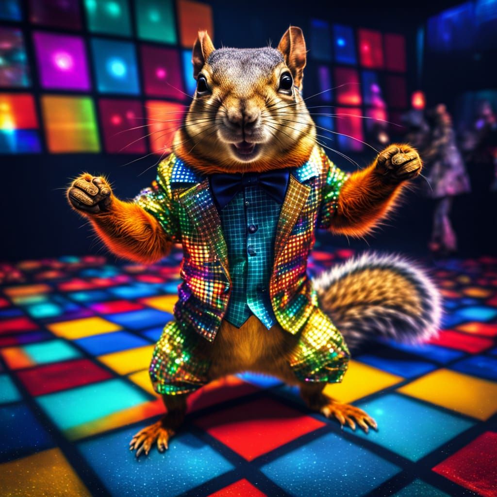 on the disco floor in different colored squares  dances a disco squirrel in shiny clothes  by @Terryke