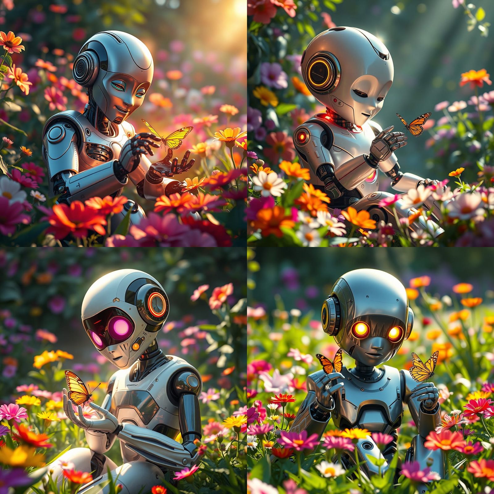 Empathetic Robot in a Vibrant Garden, Detailed Digital Art