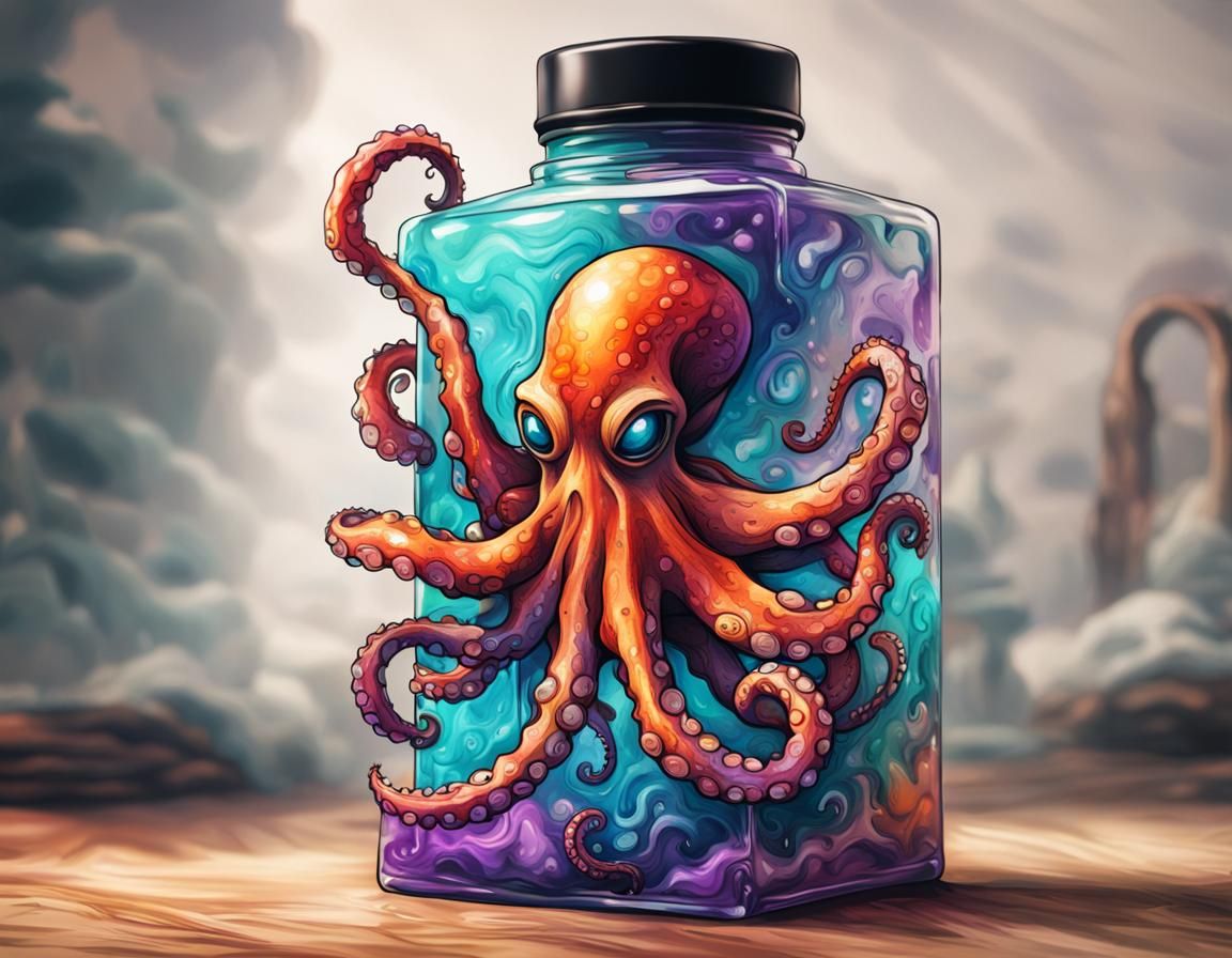 indelible ink bottle with an octopus crawling out the open t...
