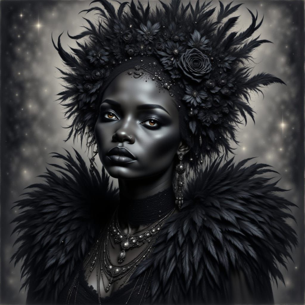 <lora:Bleak Intensity:1.0> African woman, woman, pencil drawing, black feathers, old black woman, black skin, with dark make up, ethereal, d...