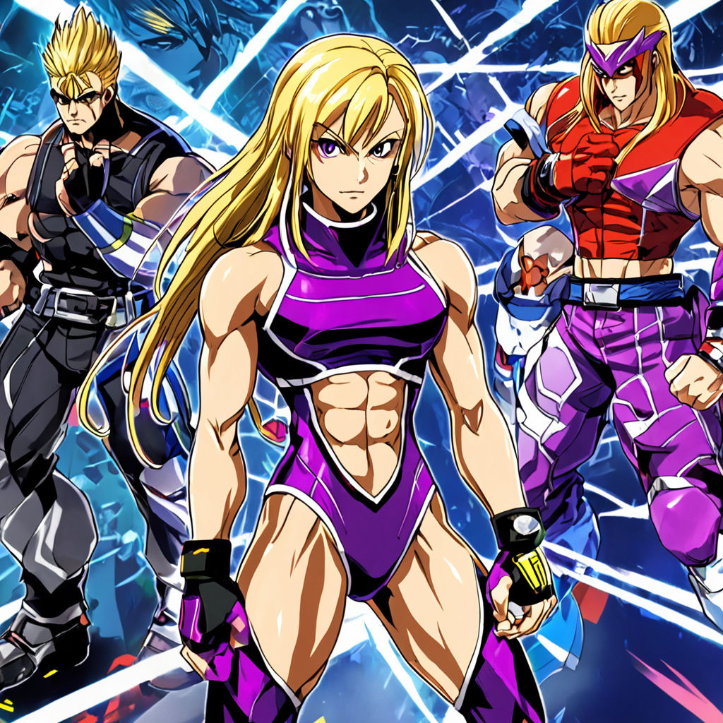 Futuristic Female Bodybuilder in Purple Wrestler Outfit