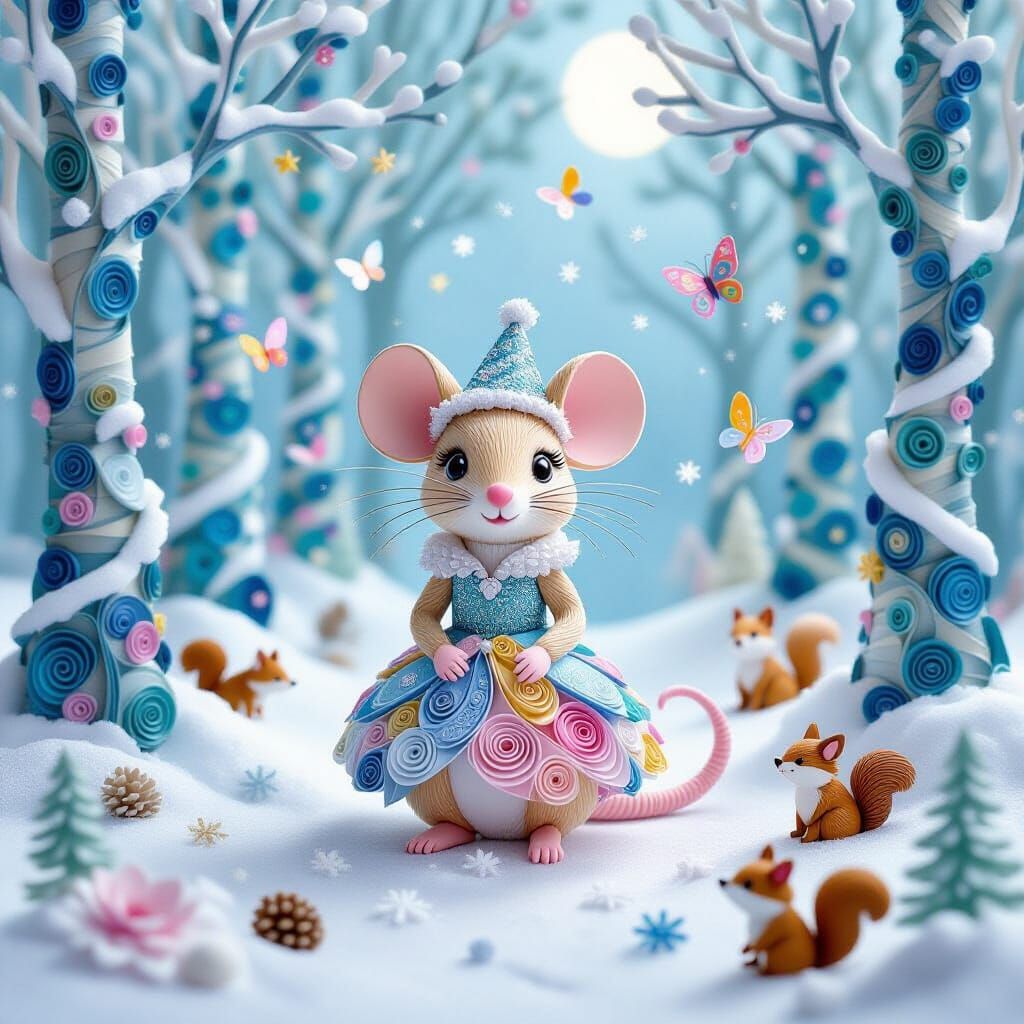 Une souris miniature en papier au centre d’une forêt hivernale, entièrement réalisée en quilling 3D coloré. ...  by @Oclara