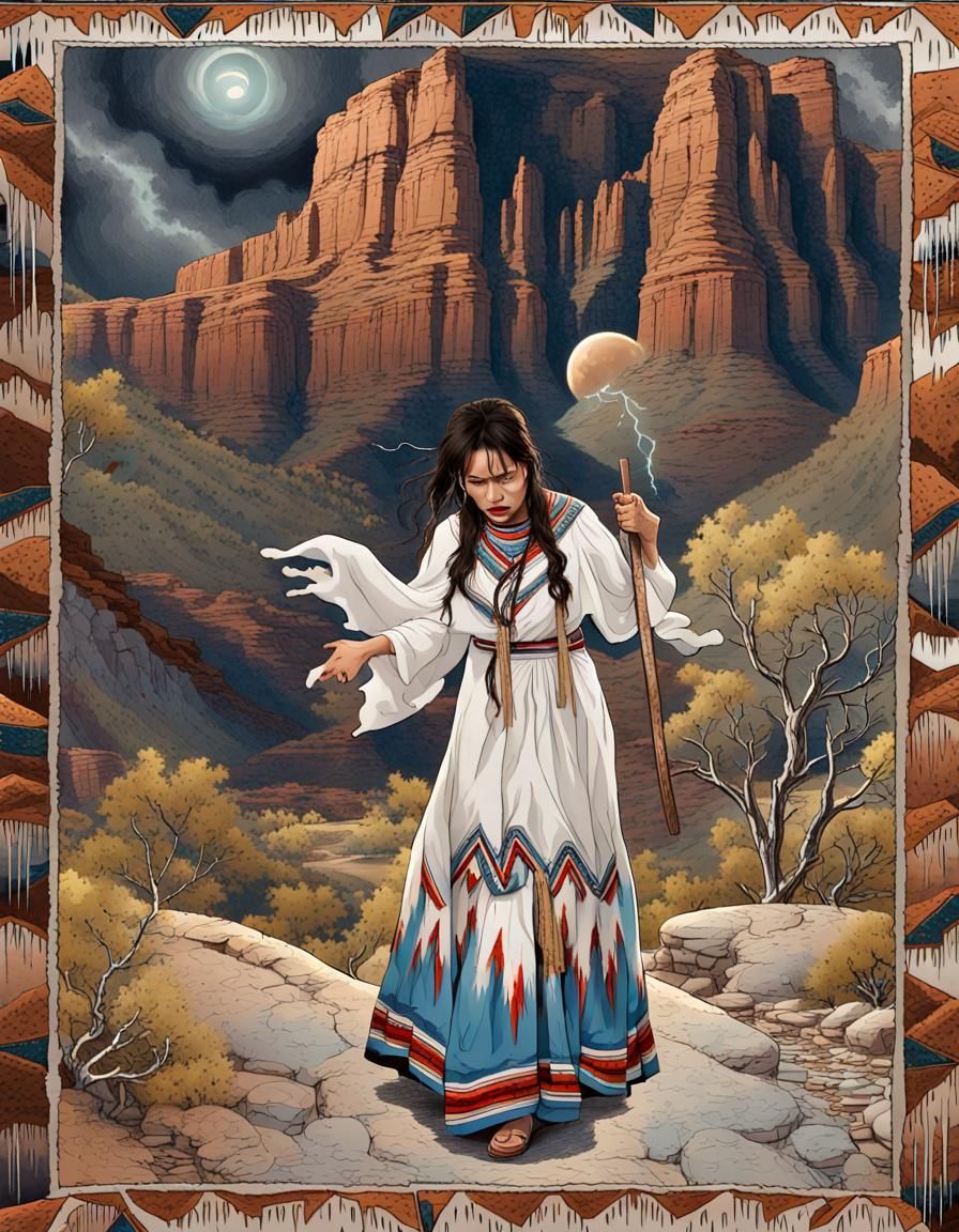 ghost of a woman in navajo tribe dress white and blue and glowing