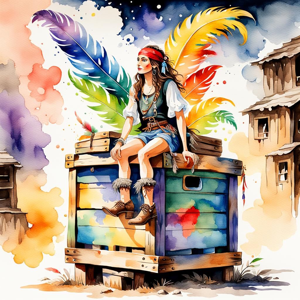 Watercolor Hippie Pirate Wench on Crate