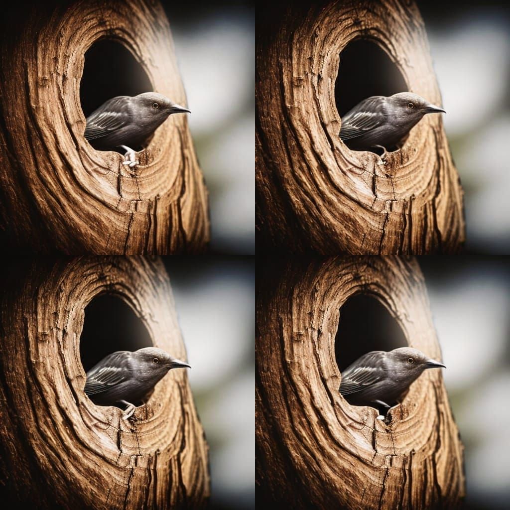 bird, inside a hole in an old trunk, in the middle of rain. ...