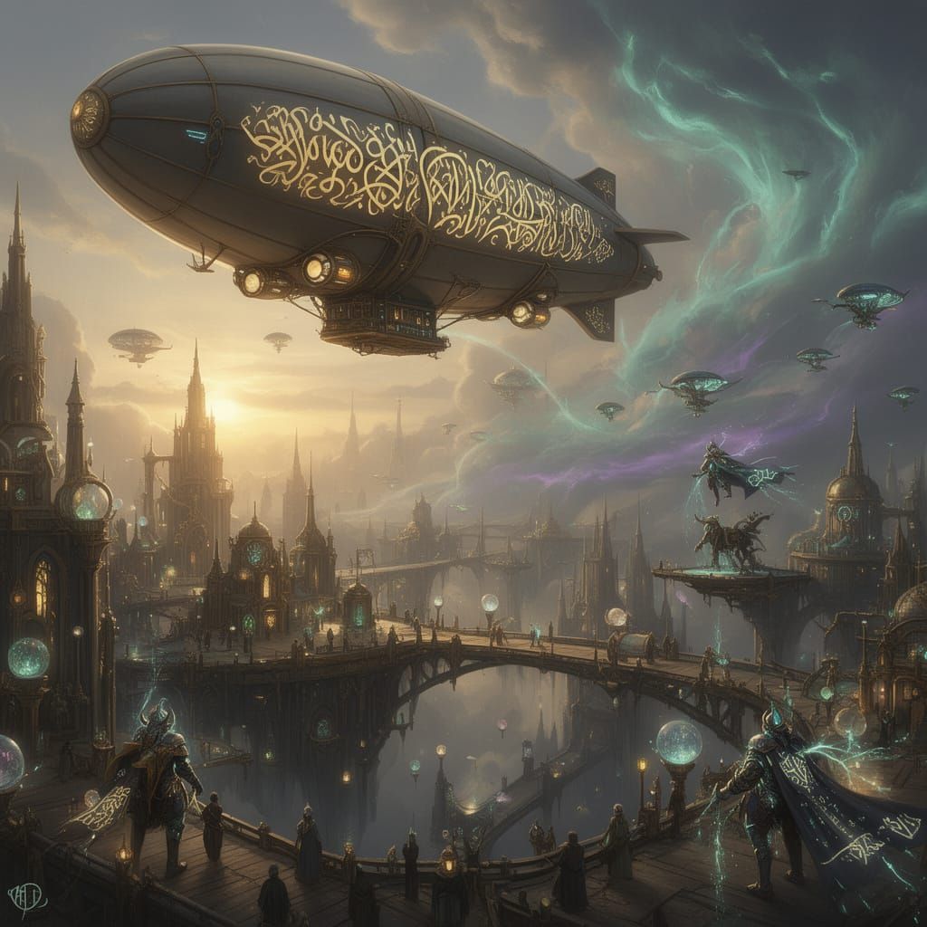A towering airship, its hull carved with ornate runes glowing with aetheric light, soars above a vast ...  by @Vienne Aura