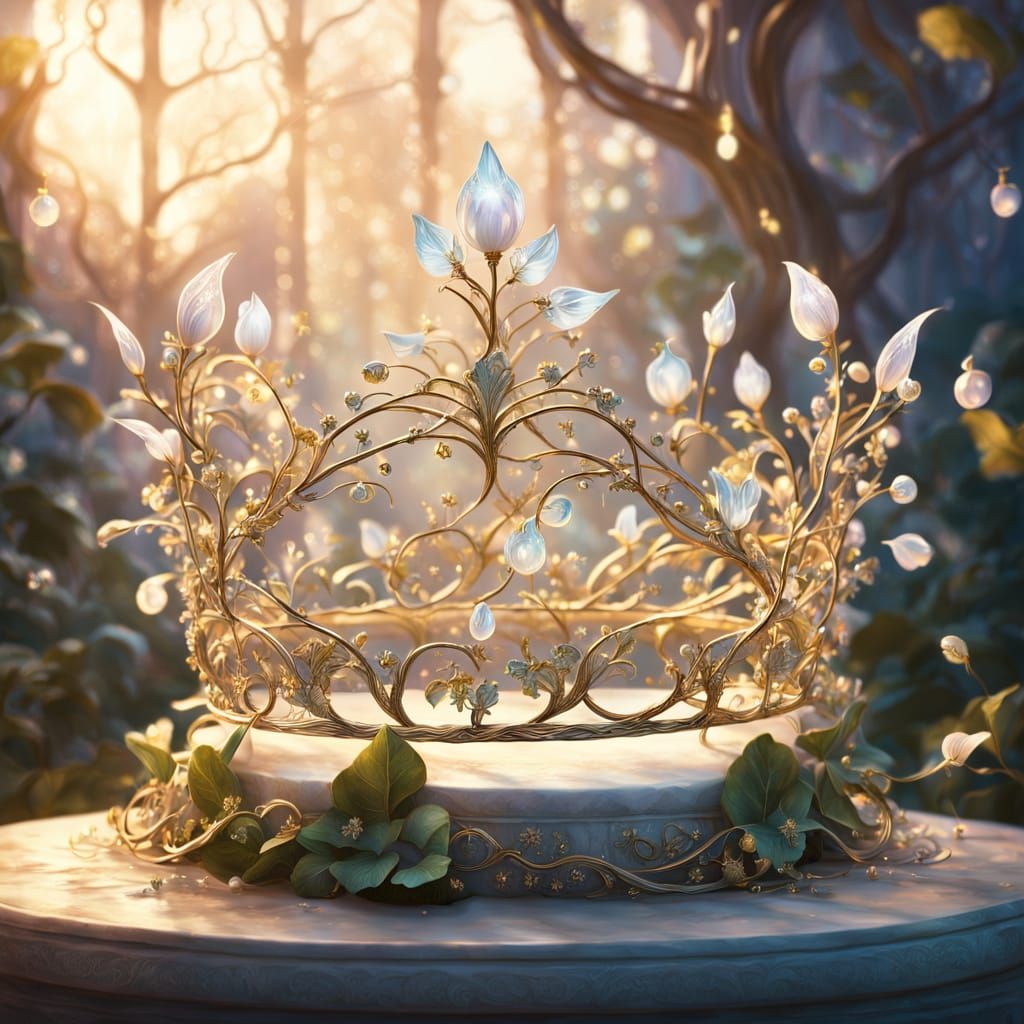 A fairy crown resting on a pedestal.  by @kjscosm 