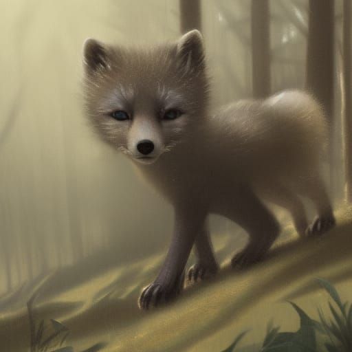 A small baby arctic fox wandering a forest at night with a bloody feet