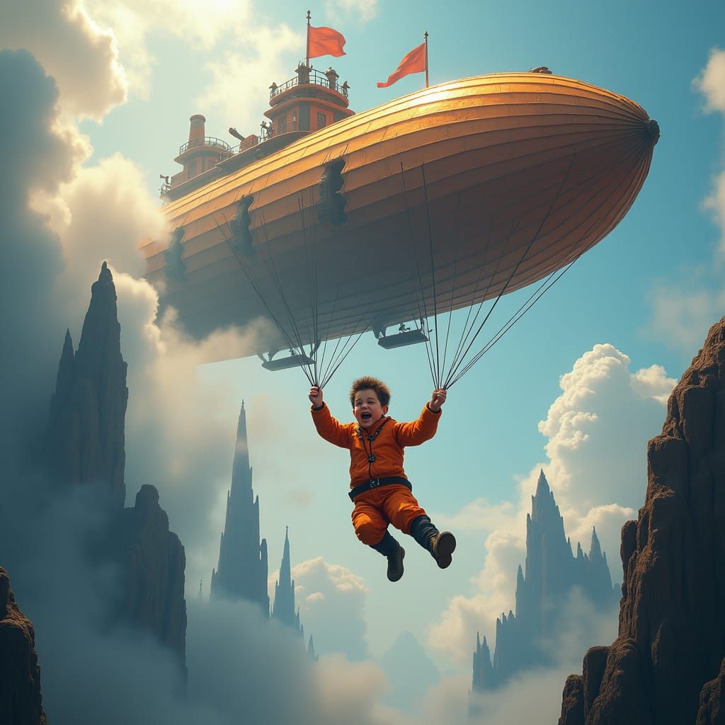 Boy Falls From Airship in Surreal Landscape