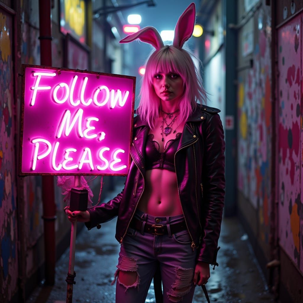 <lora:Hints of Red Gold:1.0>  Punk White Rabbit Woman " Follow Me, Please"