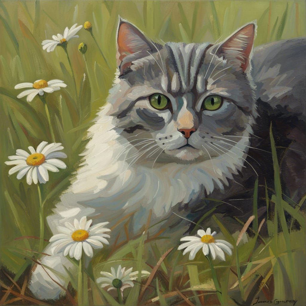 Daisy, Cat, Field: Oil Painting by Gurney