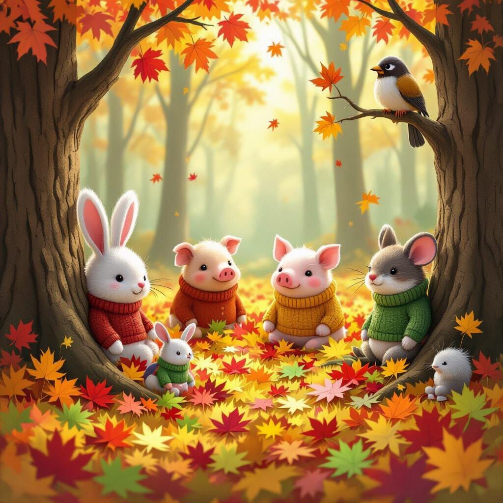 Whimsical Forest Creatures in Cozy Sweaters Among Maple Leav...