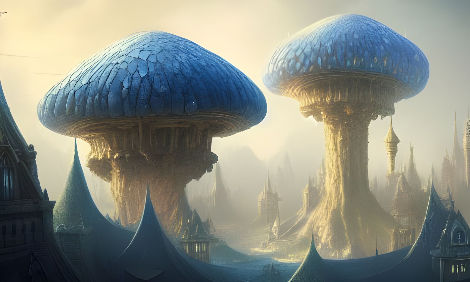 Blue Toadstool Metropolis in Crystal Cavern: Dark Fantasy Ar...