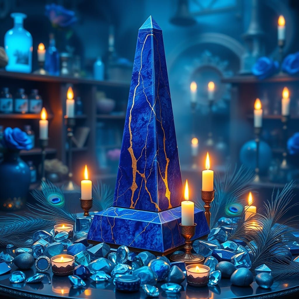 Stone obelisk carved from Lapis-Lazuli in a Wizard's Magic Shop.  by @SunMage