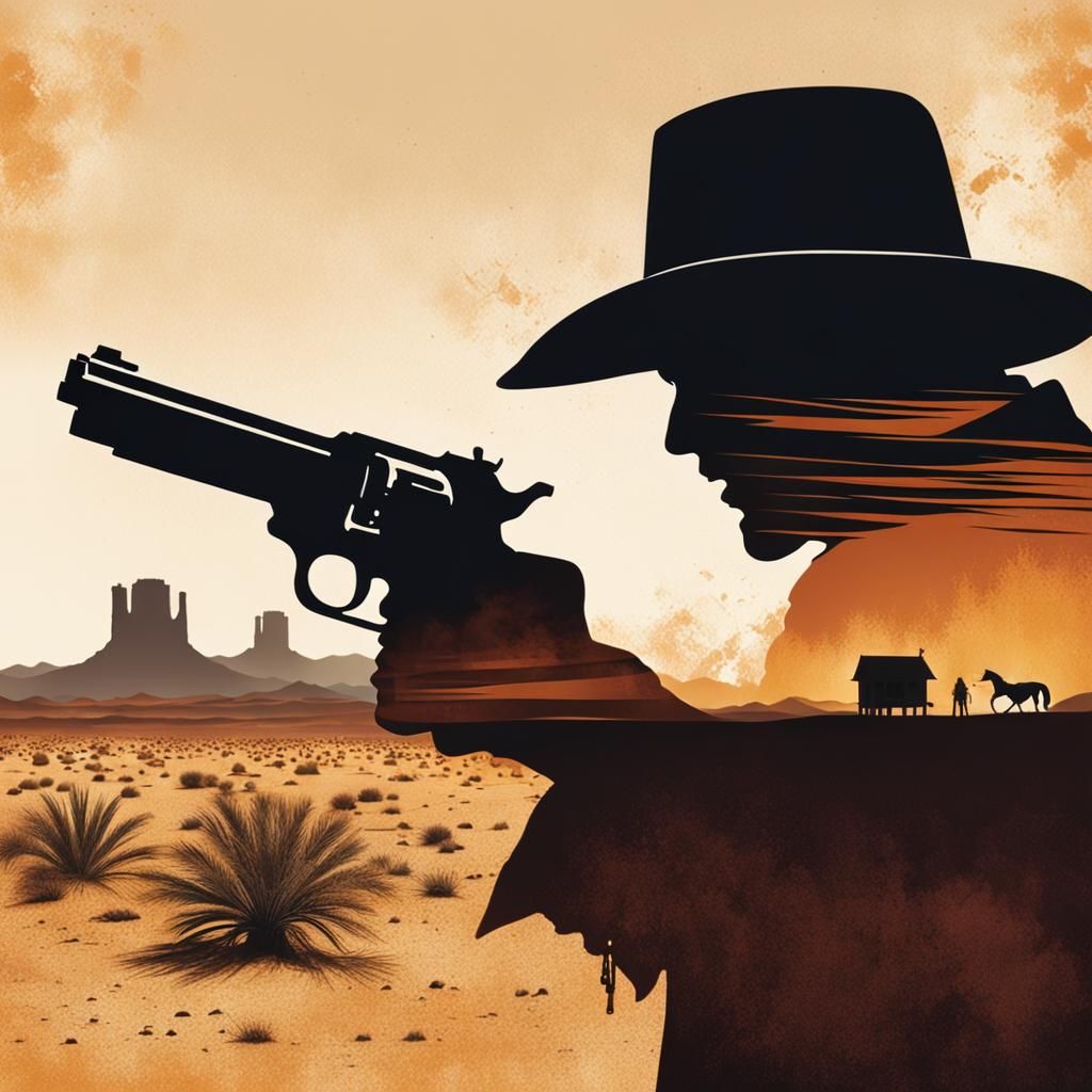 Movie poster, silhouette of a cowboy's head and a raised pistol with a deserted desert town in the background ...  by @ArtByAj