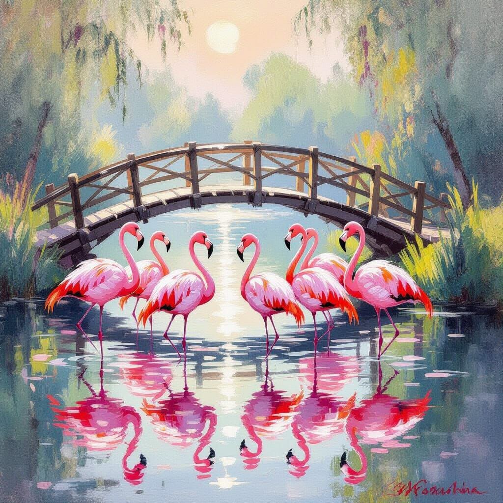 Flamingos Grace a Lake in Impressionistic Oil Painting