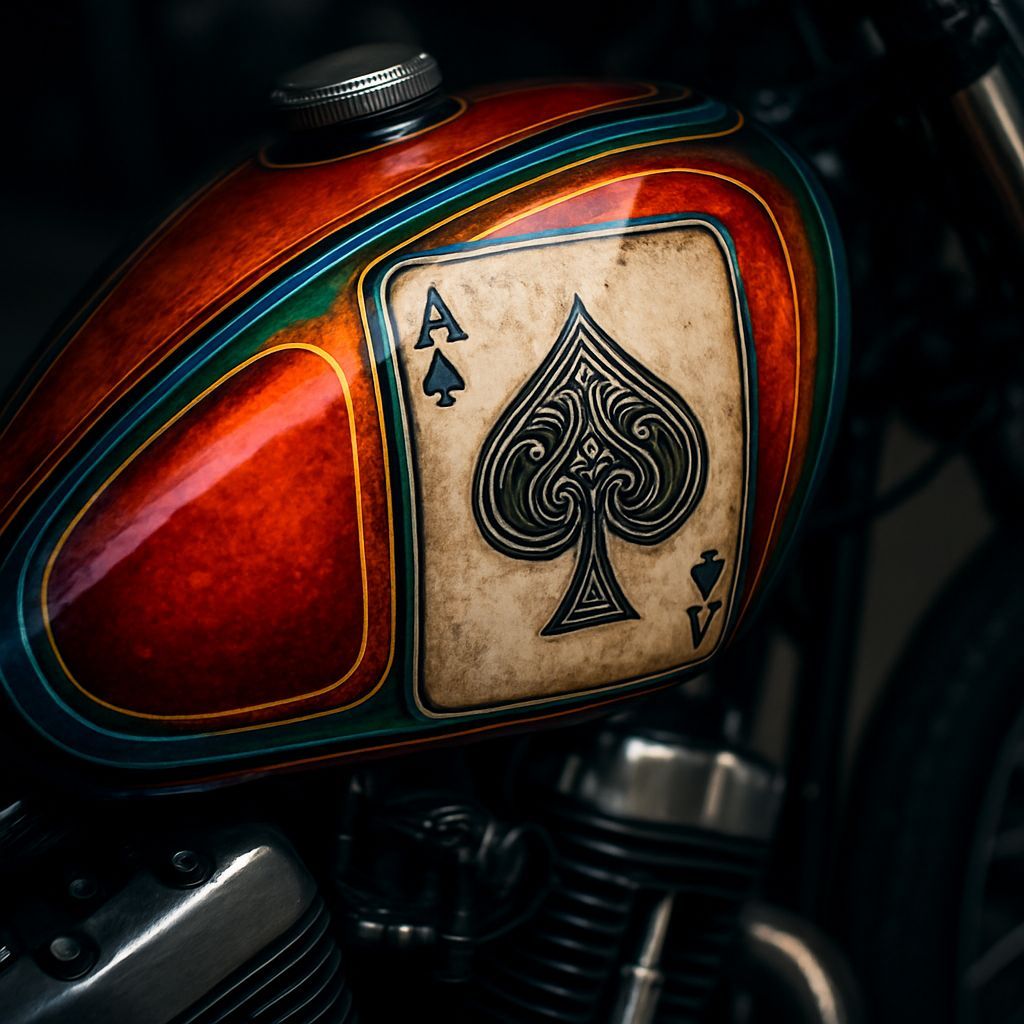 A custom-painted motorcycle tank with bold, blended colors with pinstriped edges and the main art is ...  by @Apilas