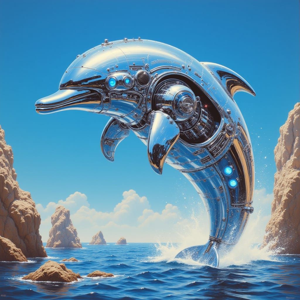 <lora:Fluxayama:1.0> A hyperrealistic dolphin robot in an action pose, designed with sleek, polished chrome body parts that reflect light li...