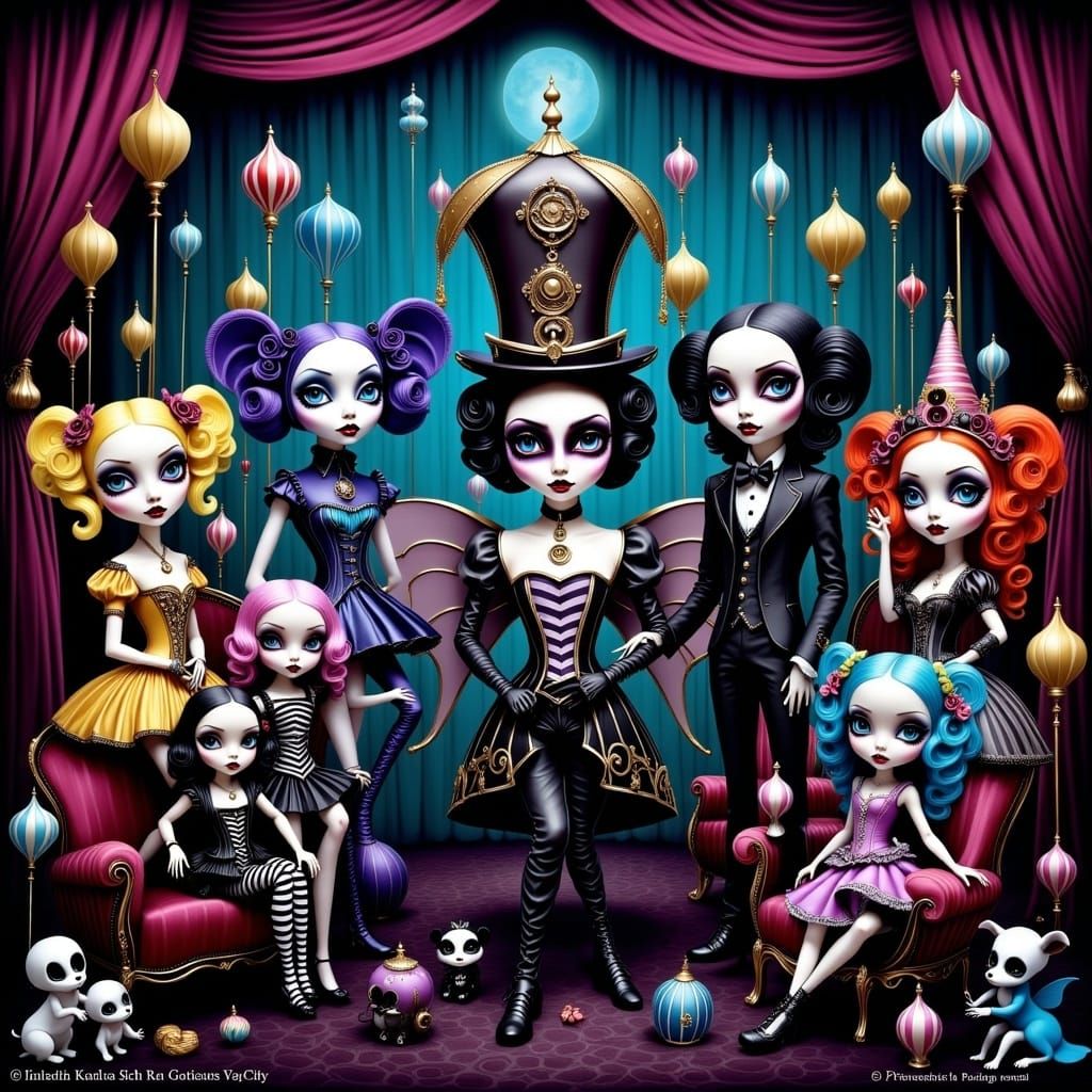 <lora:Flux Whimsy Gothic:1.0> Circus by Tim Burton, Jasmine Becket Griffith, Anne Stokes