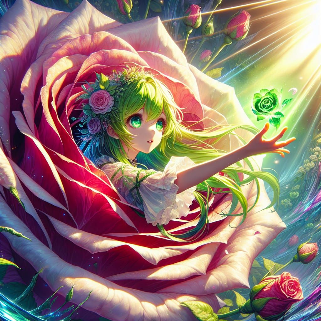 Anime girl with long lime green hair and bright green eyes i...