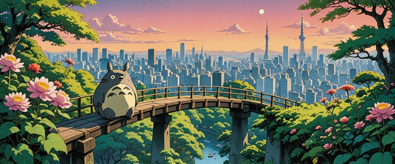 Totoro, Chu Totoro, and Chibi Totoro happy overlooking a  Tokyo, bridge, skyscrapers, vines, plants, trees, flowers, torii, bright clear sky...