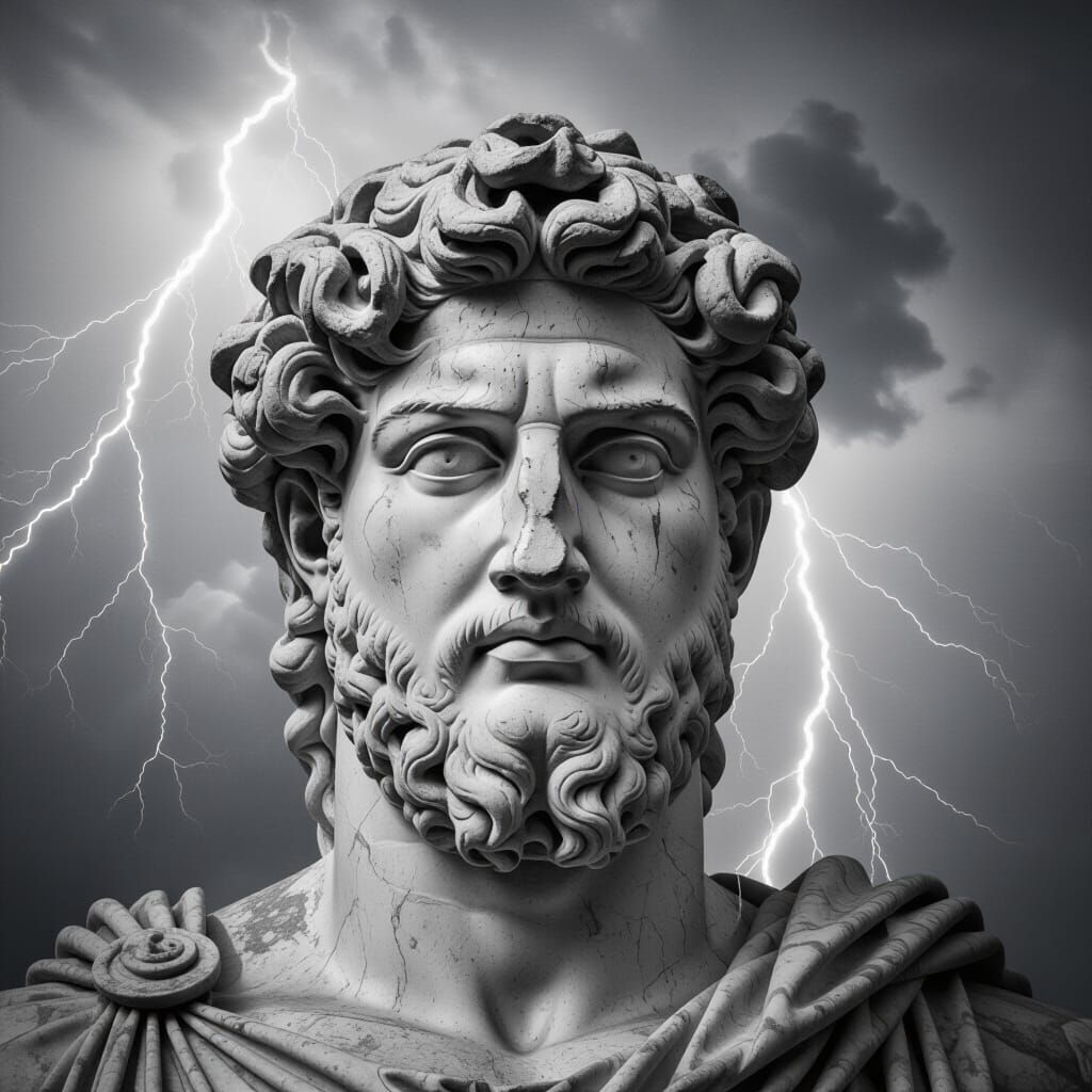 Dramatic Double Exposure: Greek Statue and Storm