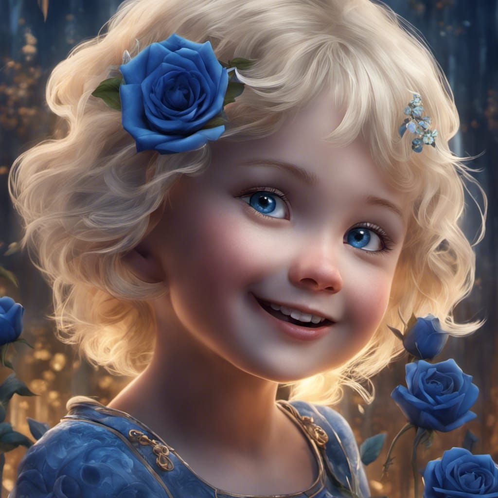 Blue roses, glittler, smiling blond toddler
