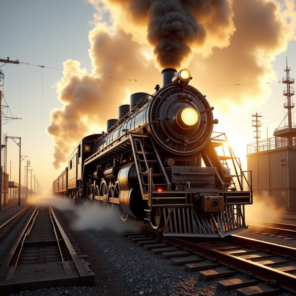 A breathtaking photograph of the colossal Yellowstone steam locomotive, the largest and heaviest ever built, captured in golden hour light t...