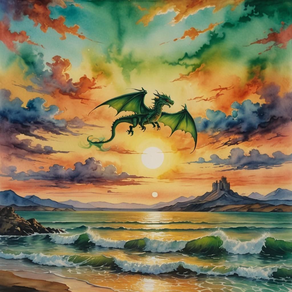 A green Dragon, soaring high in the clouds.
