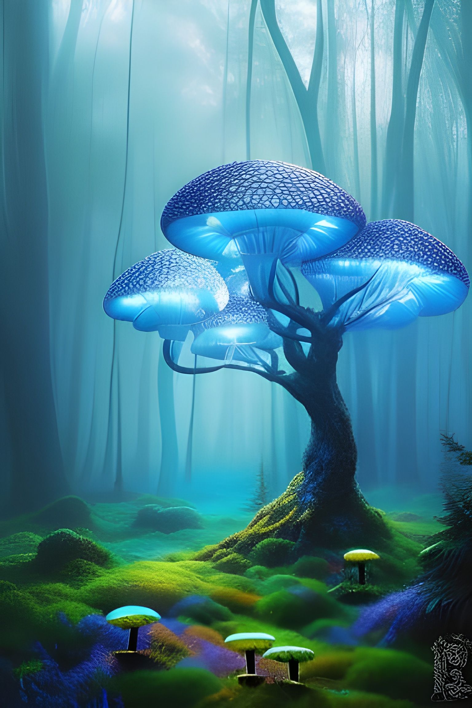 Neon Light Mushrooms Tree  by @FotasiaArt