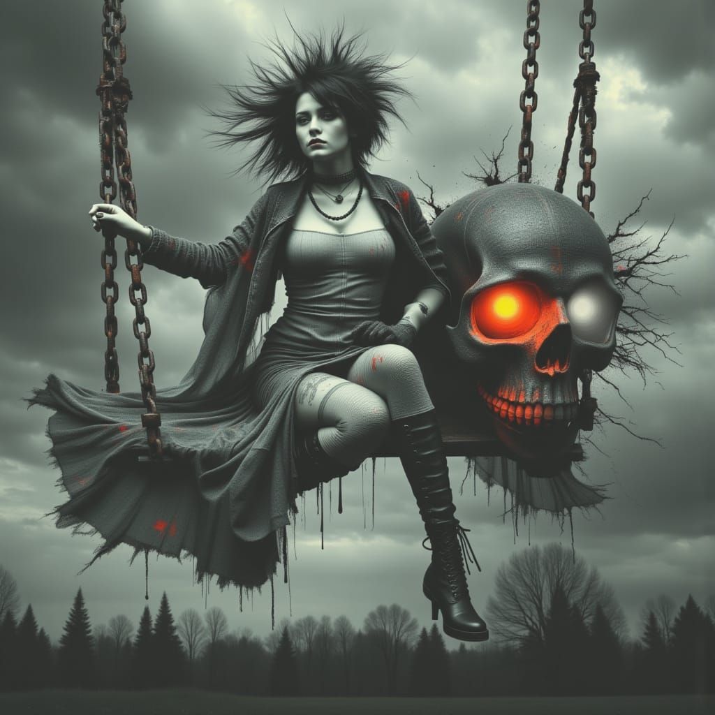 Gothic Woman on Swing with Glowing Skull