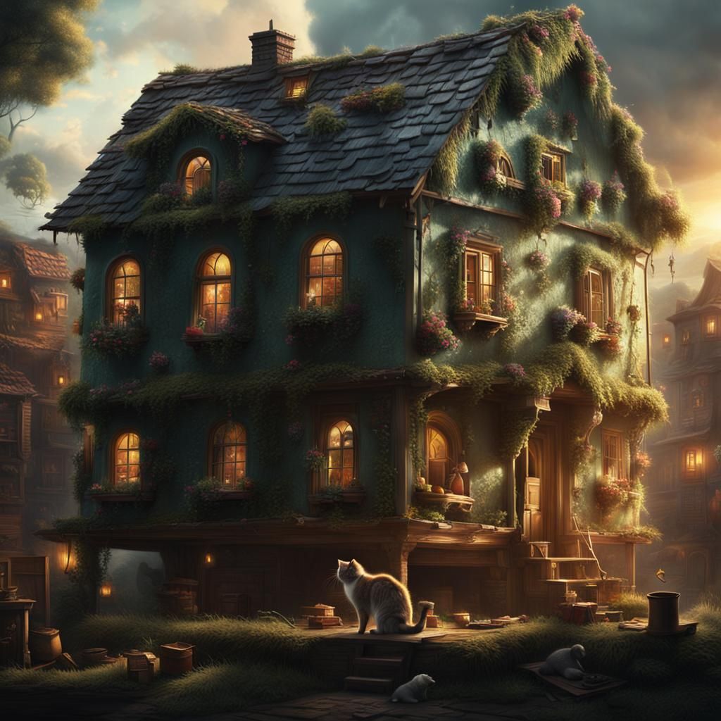 a cat building a house