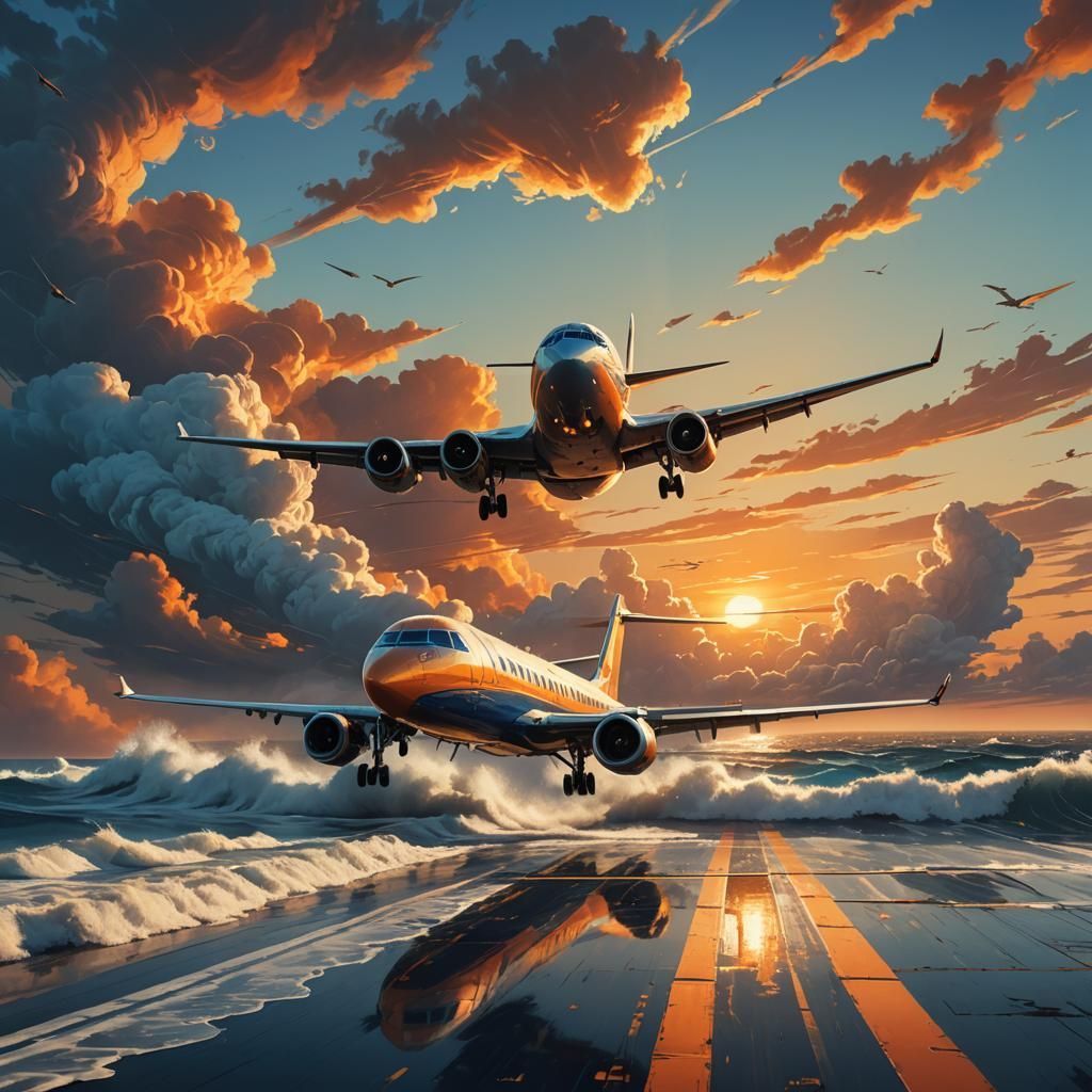 Plane Soaring Over Sea at Sunset, Stylized Art