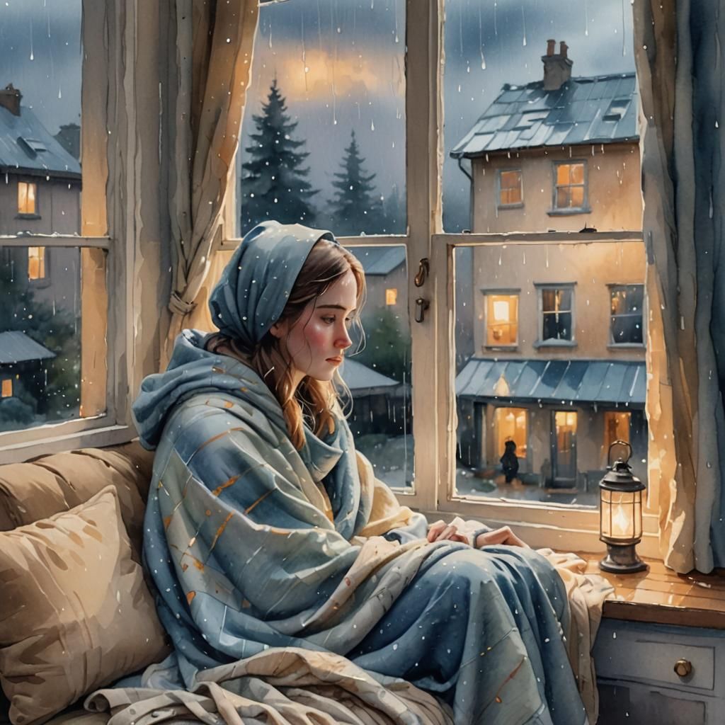 
"A girl sitting in her home, wrapped in a blanket, looking out of the window at the rainy view
