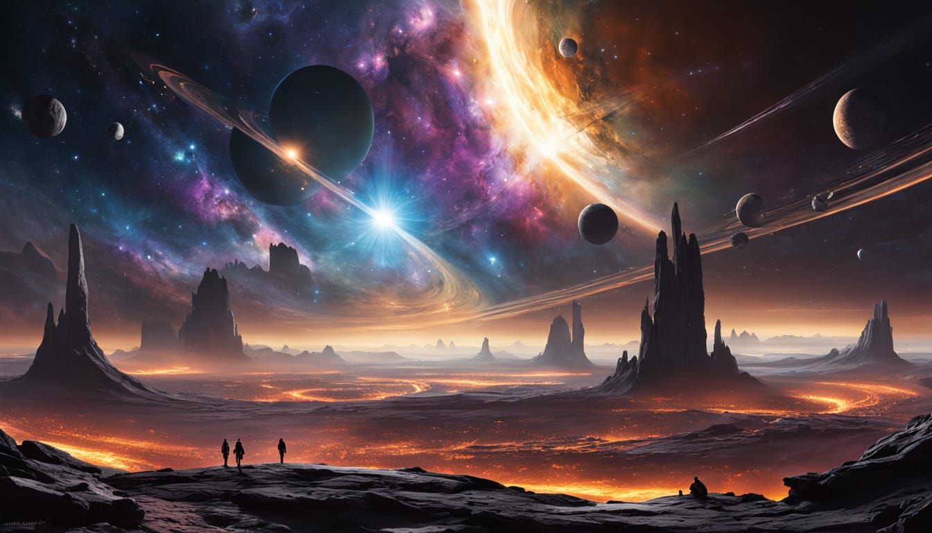 "A sleek, state-of-the-art exploratory starship with graceful, flowing lines glides effortlessly through a luminous, multi-hued asteroid fie...