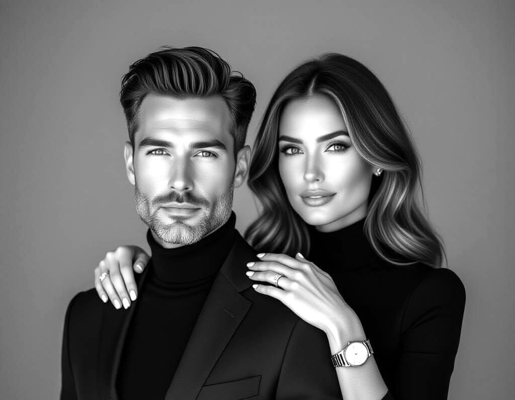 Elegant Couple Posed in Sophisticated Black and White Studio...