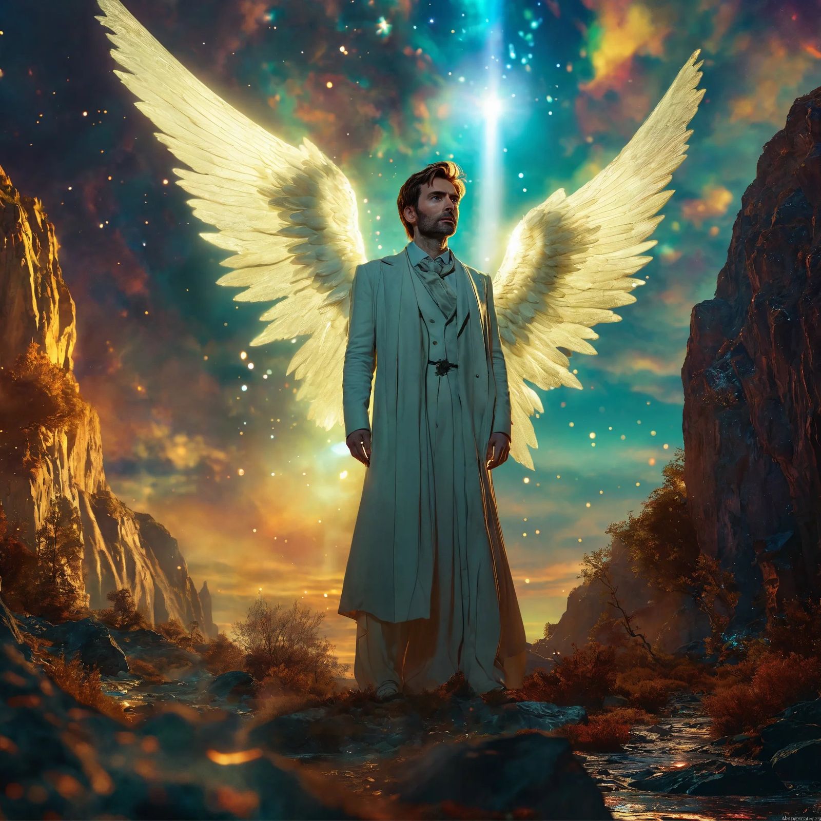David Tennant as an Angel in fantasy landscape at nebula night.