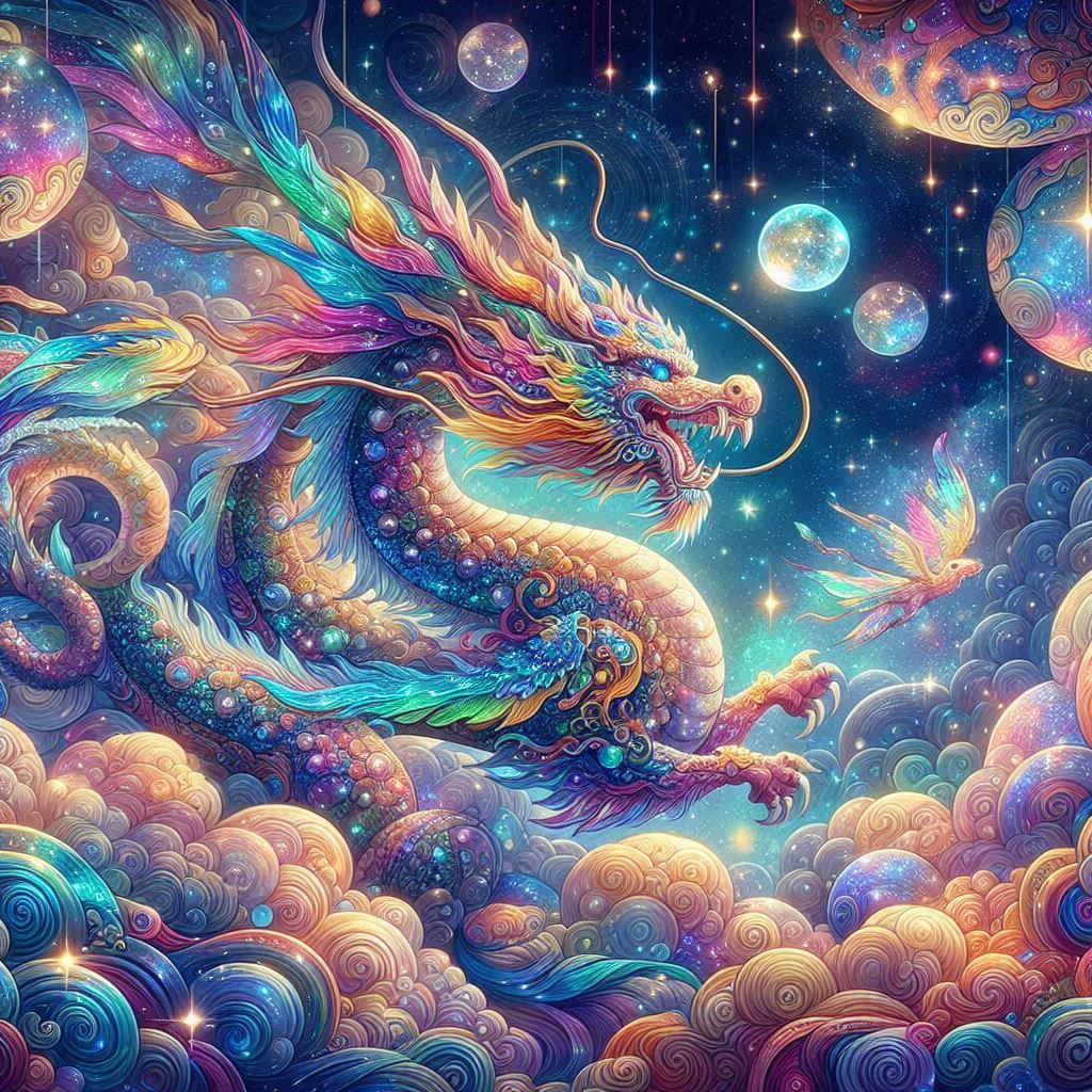 A majestic celestial opalescent gemstone dragon adorned with intricate, colorful details. The scene is richly detailed and bursting with pla...
