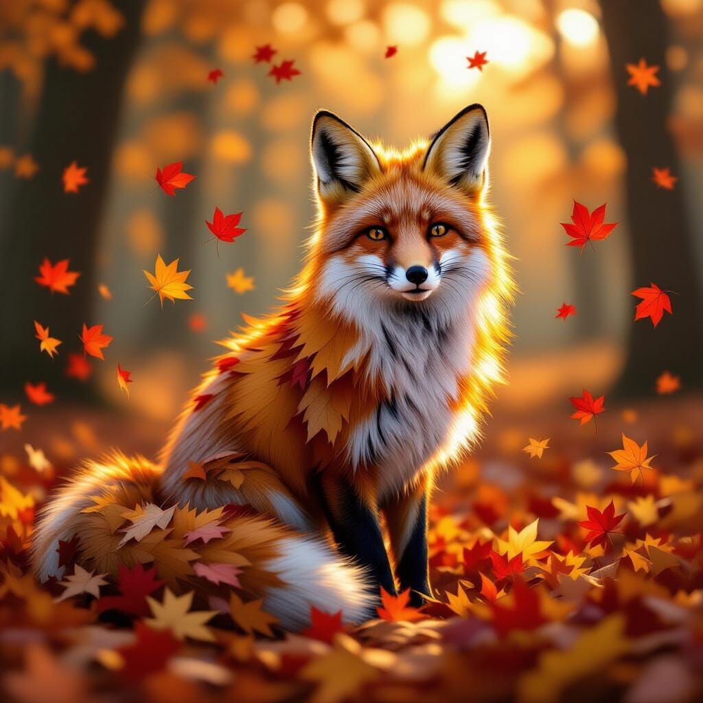 Autumn Fox Made of Swirling Leaves in Magical Forest