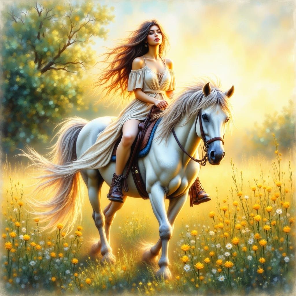 <lora:Beautiful women:1.0> A water colour painting of a women riding a white horse through a meadow of buttercups. 