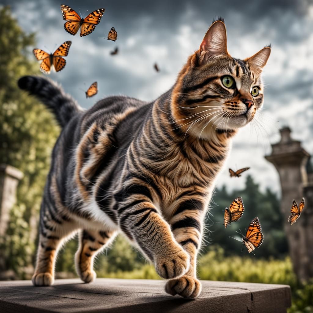 a tabby cat jump at a butterfly