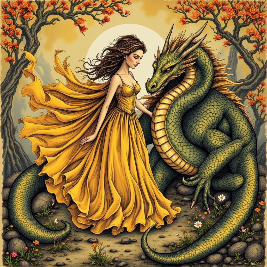 the damsel with her dragon guardian in detail, colorful <lora:Calligraphy Style:1.0>