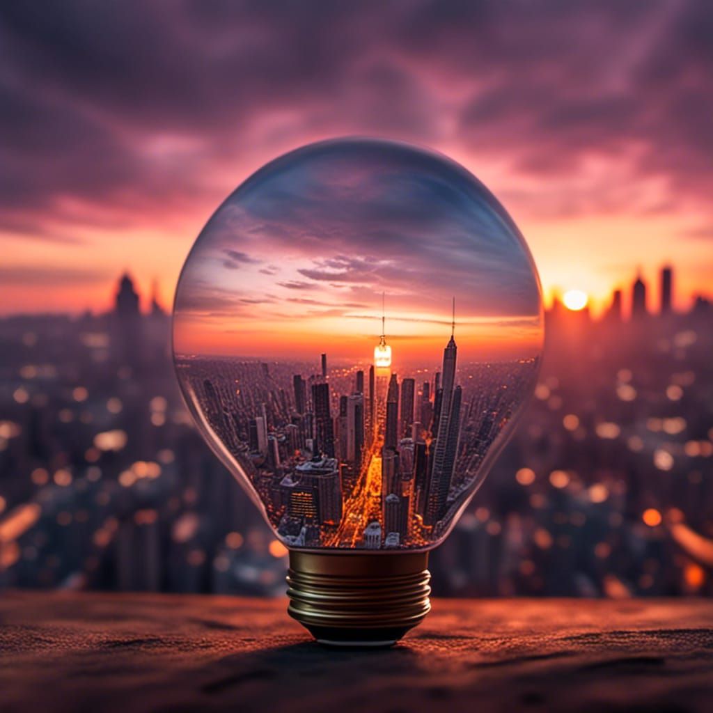 <lora:GlassCore:1.0> Light bulb with city inside , sunset hd photography , sharp focus, professional photography by Kodak 