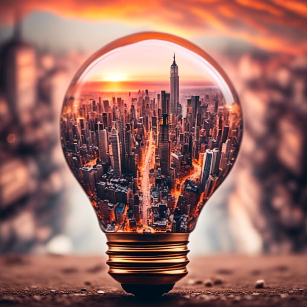 <lora:GlassCore:1.0> Light bulb with city inside , sunset hd photography , sharp focus, professional photography by Kodak 