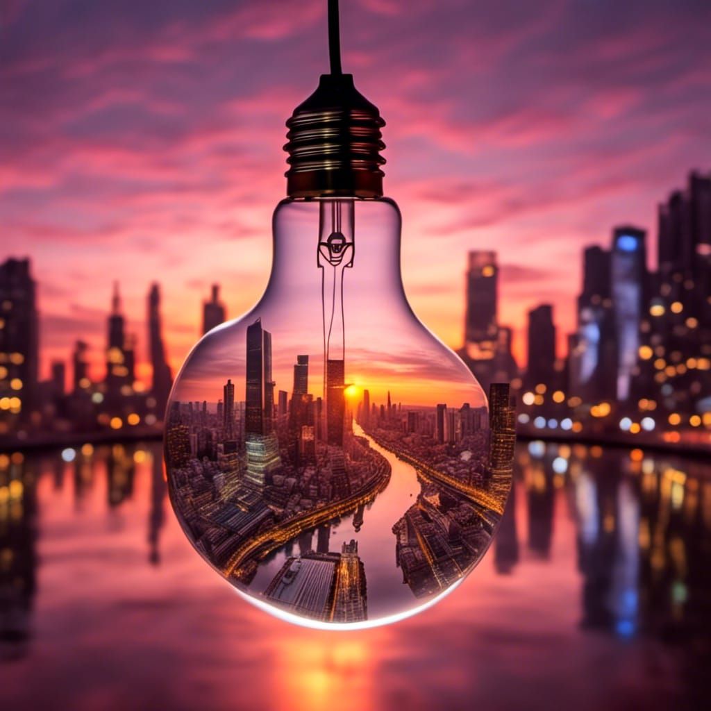 <lora:GlassCore:1.0> Light bulb with city inside , sunset hd photography , sharp focus, professional photography by Kodak 